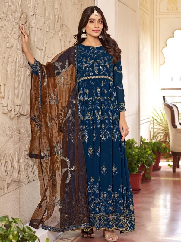 Peacock Blue Faux Georgette Designer Salwar Kameez